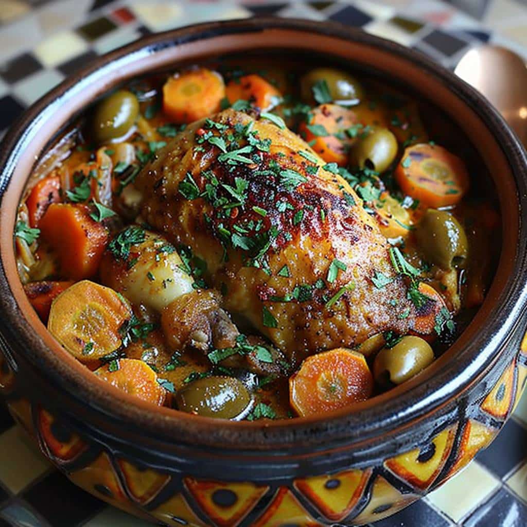 Quels sont les ingrédients nécessaires pour préparer un tajine de poulet aux carottes, olives et citron confit ?