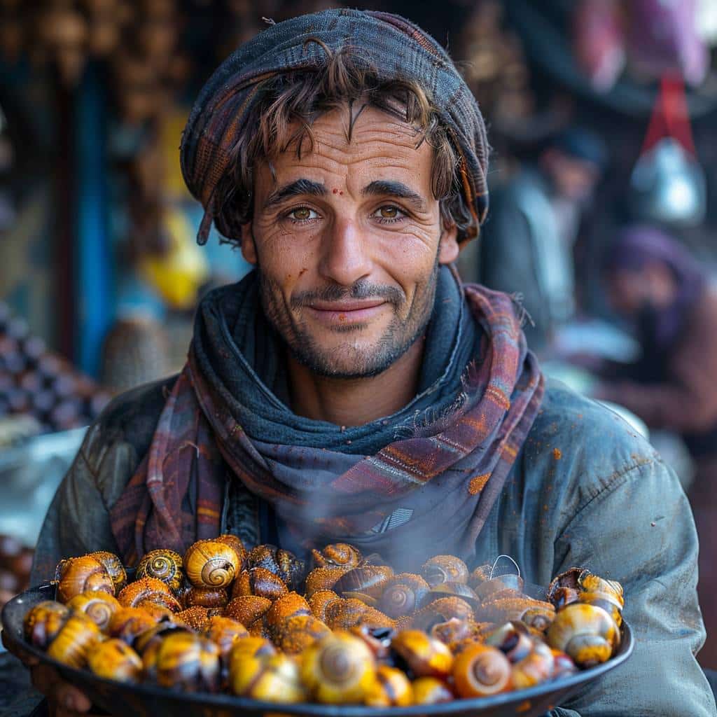 Voyage Maroc : Un touriste déguste des escargots à Marrakech