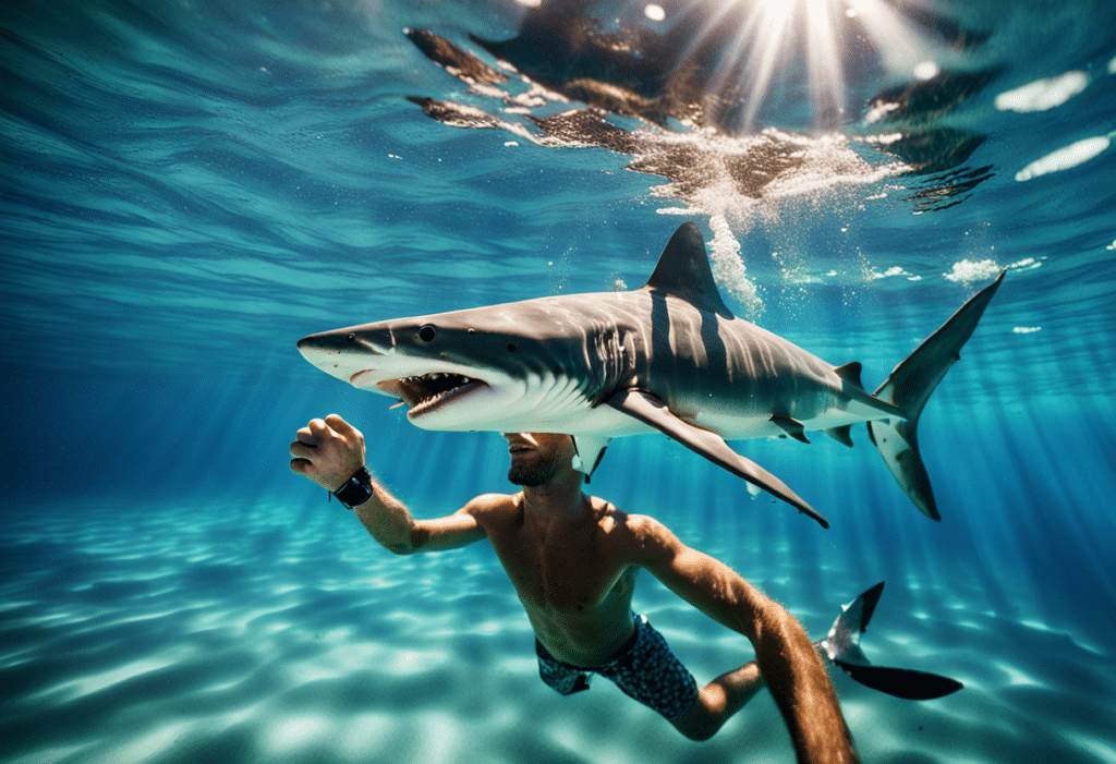 Homme nageant aux côtés d'un requin majestueux