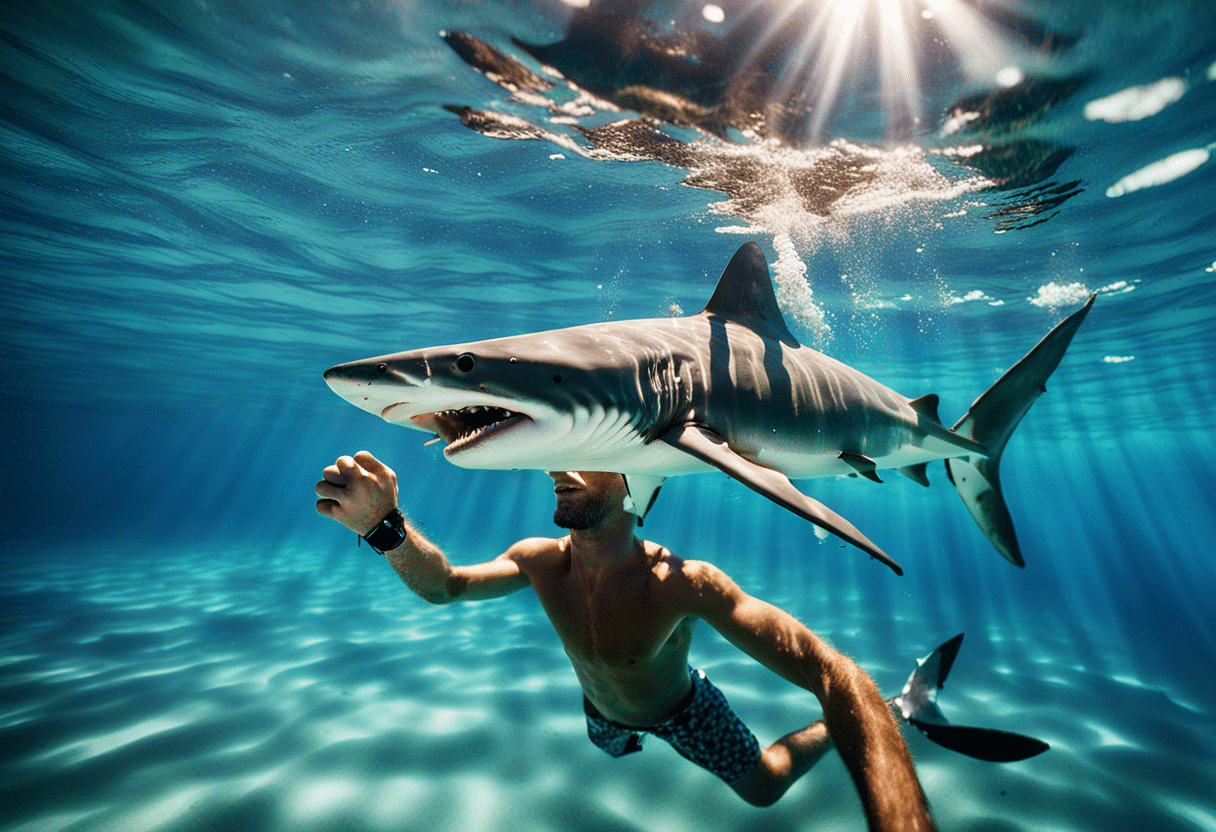 Homme nageant aux côtés d'un requin majestueux