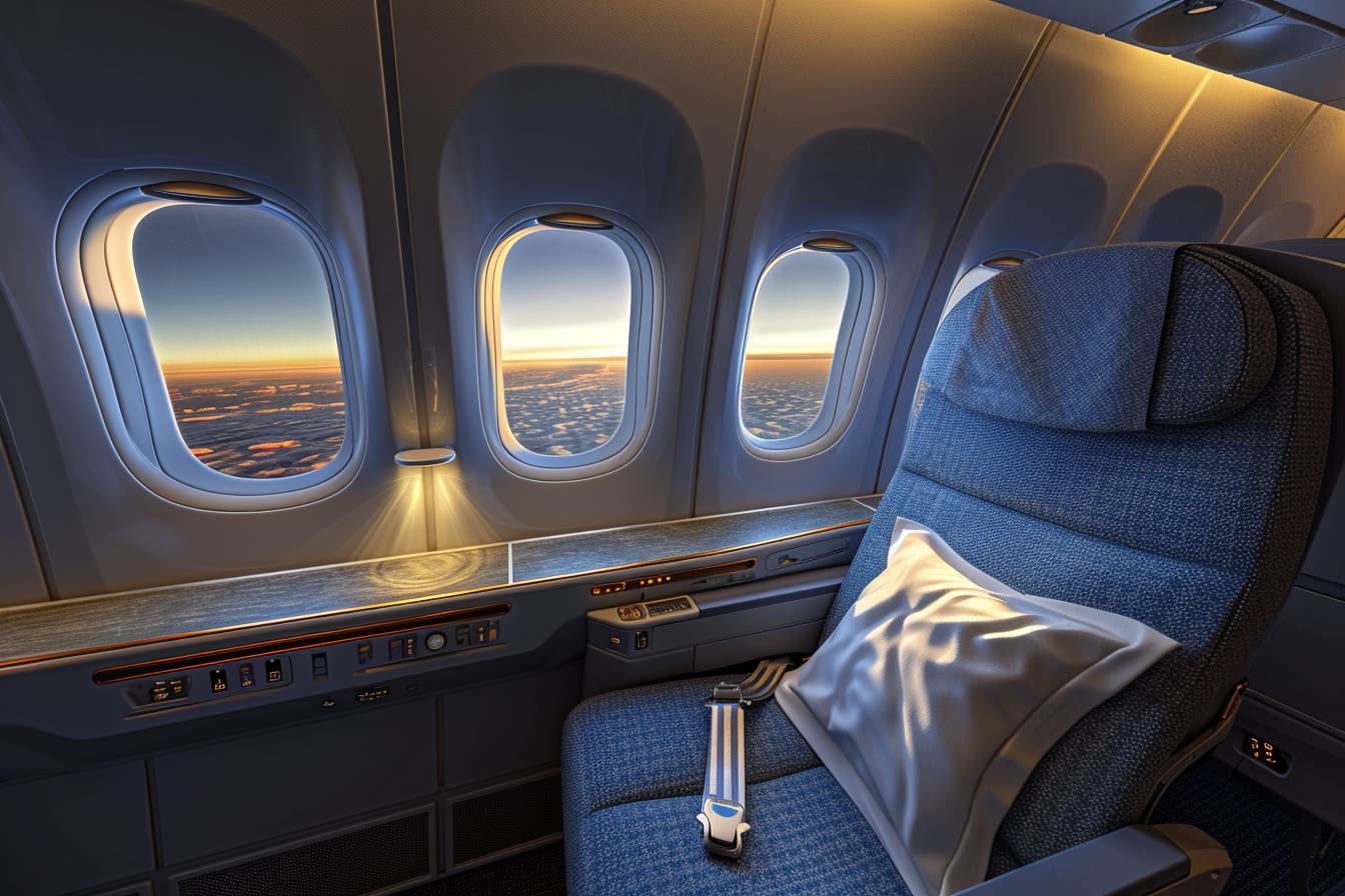 Avion avec sièges offrant une vue panoramique  
Intérieur d'un avion mettant en valeur les hublots