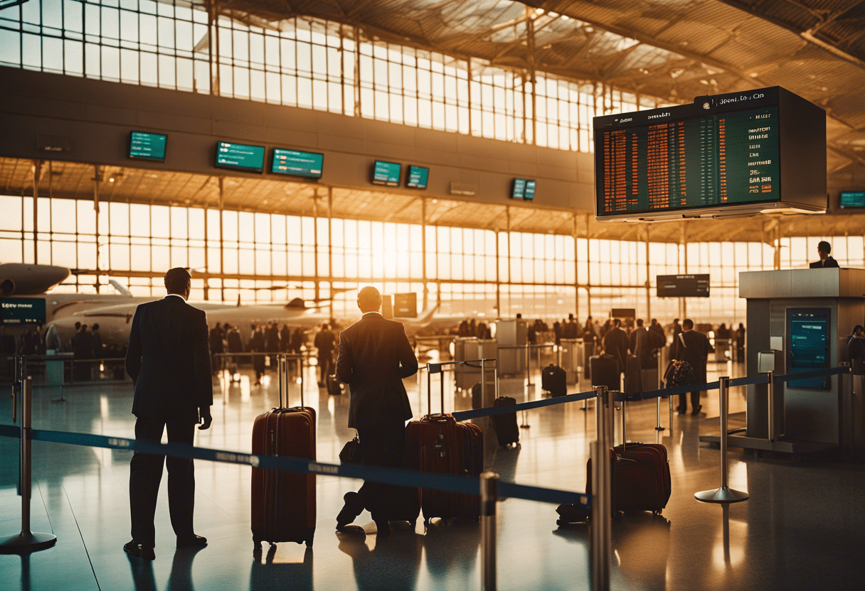 Avion d'Air Algérie au sol à l'aéroport de Paris  
Voyageurs attendant leur vol à l'aéroport en été