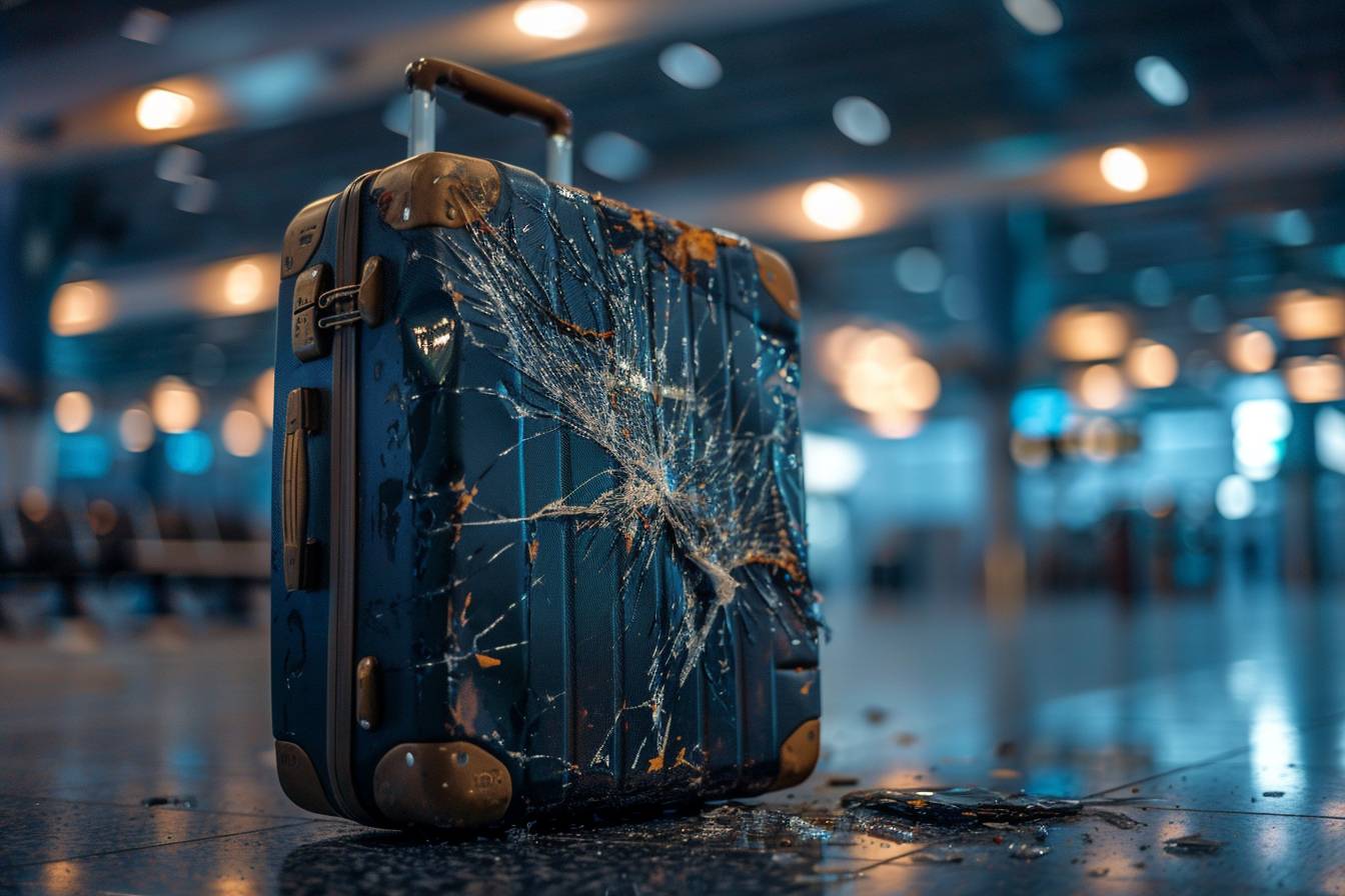 Bagage ouvert et détérioré à l'aéroport  
Femme filme son bagage endommagé sur le tapis