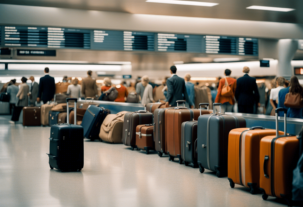 Bagages éparpillés devant un comptoir d'aéroport  
Clients en attente d'informations sur leurs effets perdus