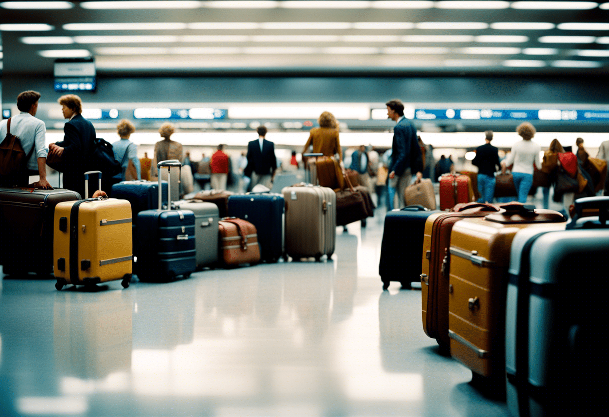 Bagages éparpillés devant un comptoir d'aéroport