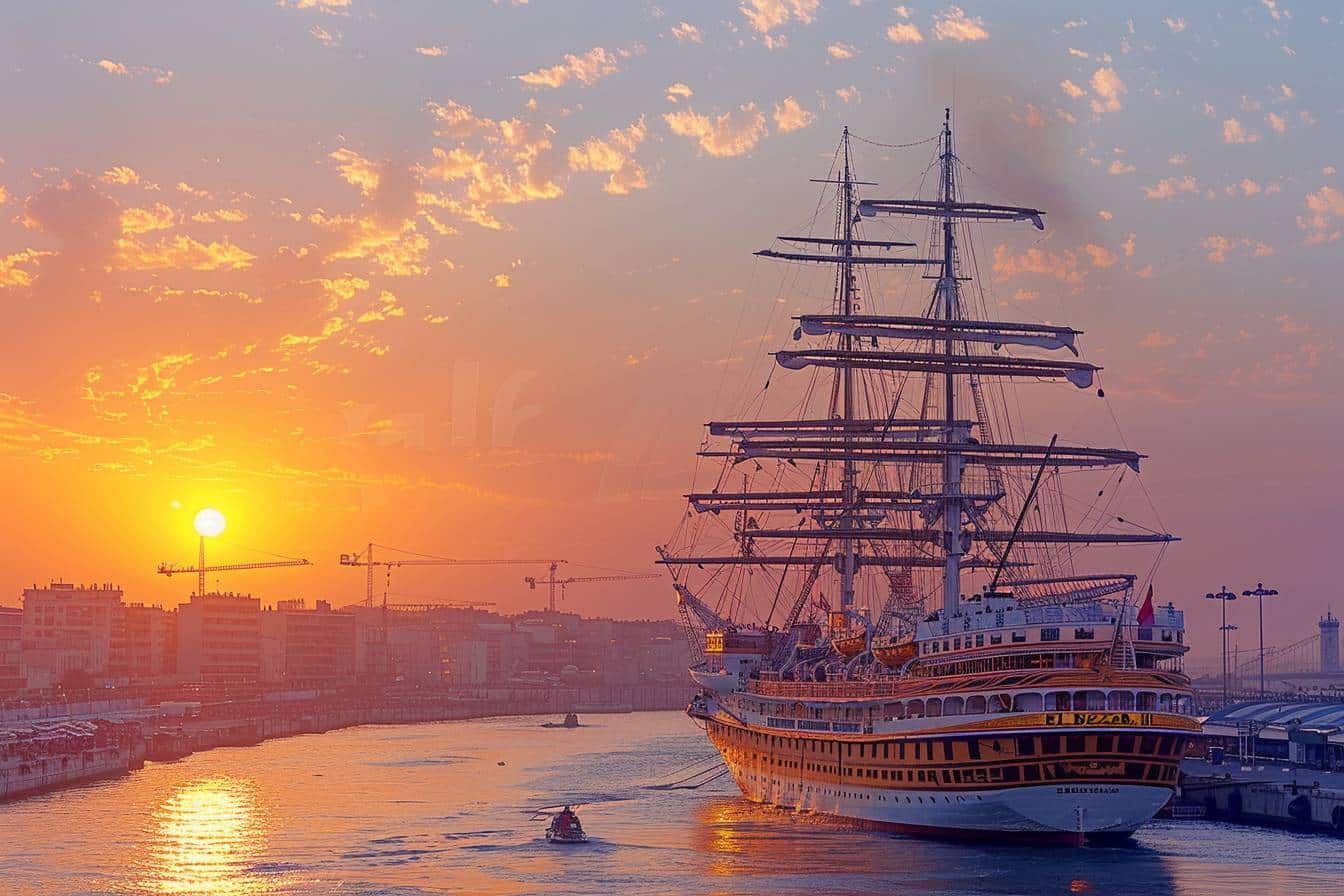 Bateaux en mouvement dans un port animé  
Passagers attendant leur départ sur le quai