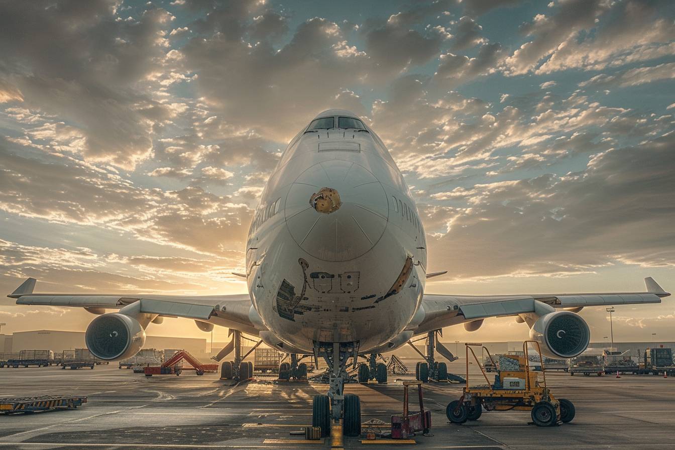 Boeing 747 détruit par une pelleteuse sur le sol  
Démolition d'un Boeing 747 par une machine lourde