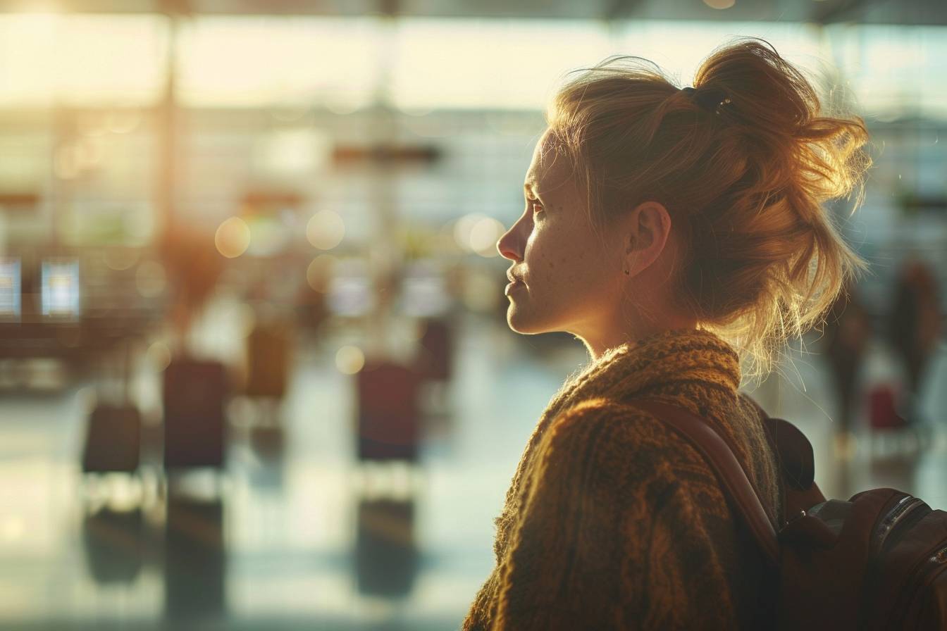 Cliente mécontente devant un comptoir Tunisair  
Femme frustrée attendant des explications Tunisair