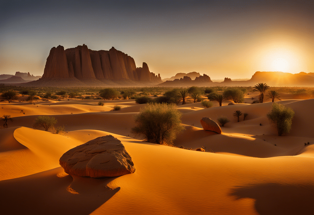 Coucher de soleil sur les paysages désertiques de Djanet  
Montagnes majestueuses et dunes de sable à Djanet