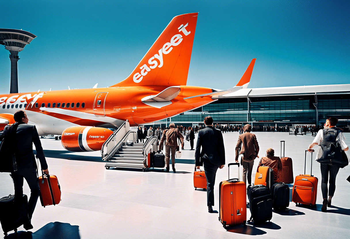 Vue aérienne d'un avion EasyJet sur le tarmac  
Passagers heureux attendant leur vol vers le Maroc