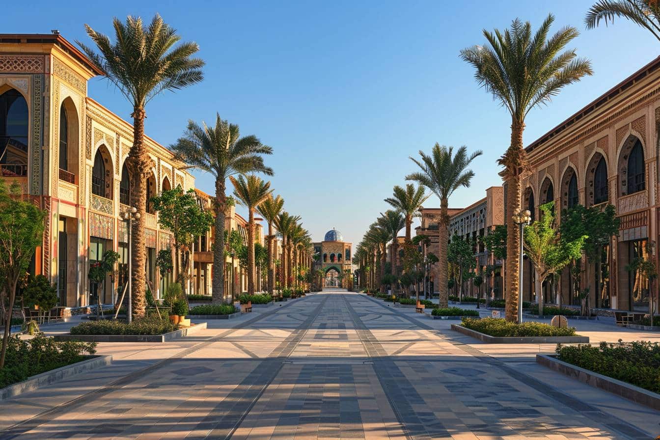 Vue d'un boulevard animé en Arabie Saoudite  
Promenade moderne avec boutiques et restaurants au soleil