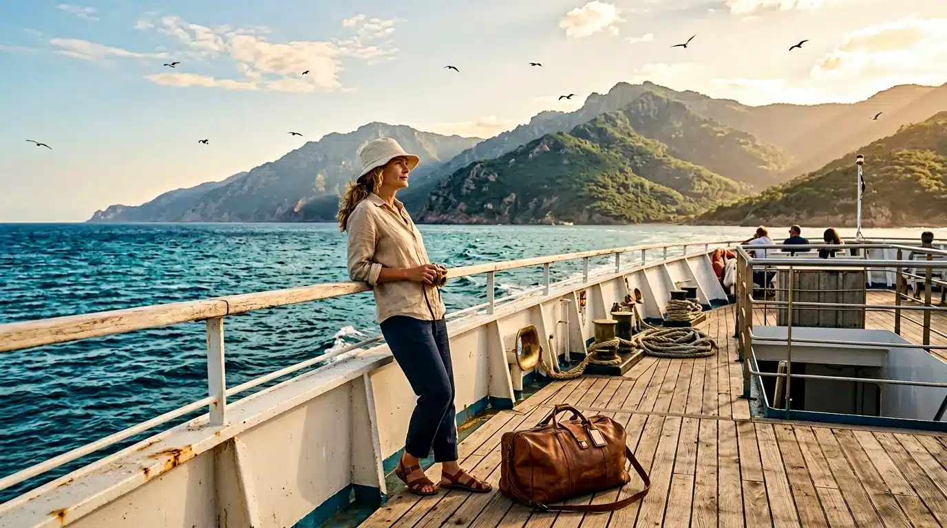 Femme sur pont bateau contemple montagnes mer turquoise