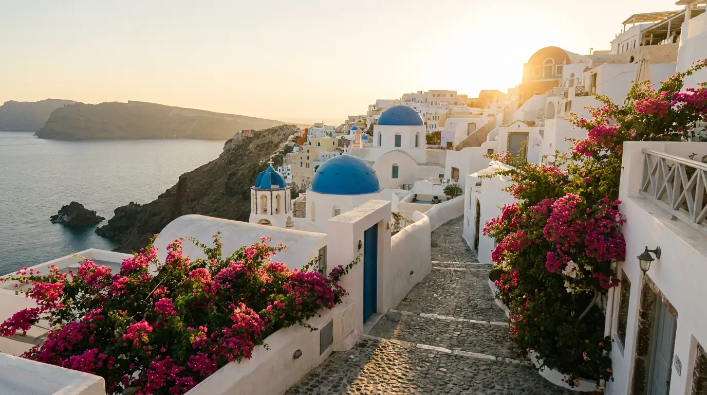 Village blanc aux domes bleus des Cyclades