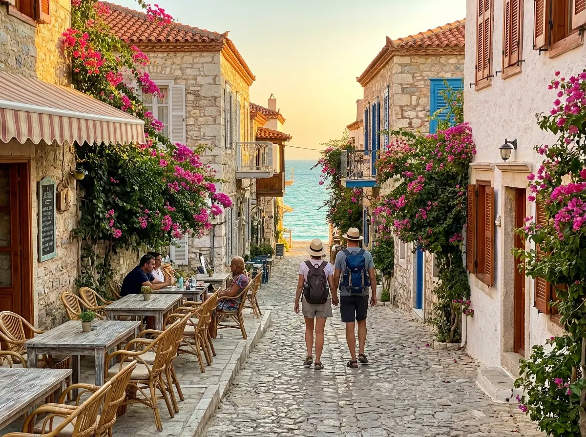 Ruelle de village méditerranéen ensoleillée, terrasse de café et voyageurs marchant vers la mer