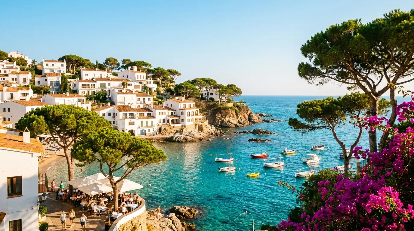 Village méditerranéen aux toits terracotta au-dessus d’une mer turquoise