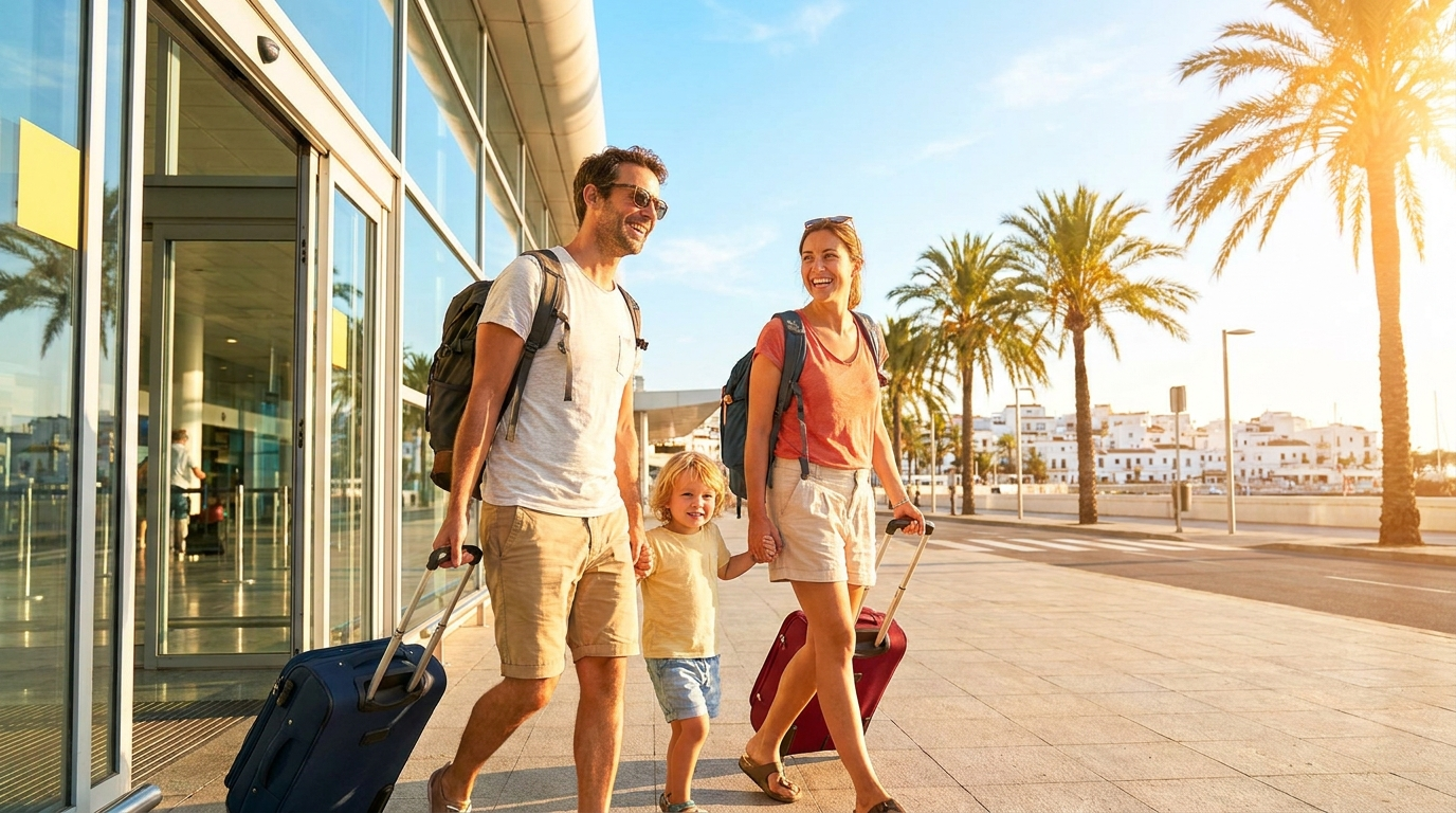 Voyageurs souriants arrivant au soleil en Méditerranée pour les vacances d’été
