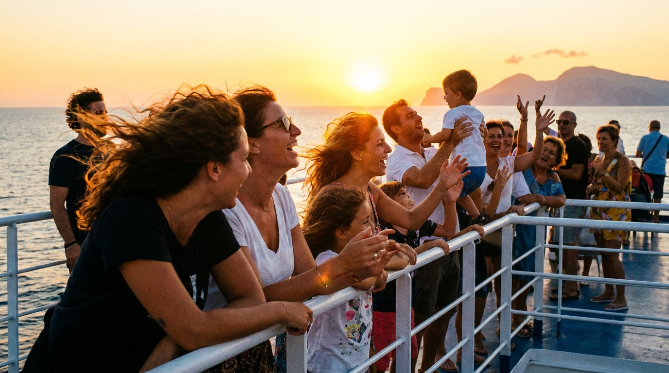 Passagers joyeux sur le pont d’un ferry en Méditerranée au coucher du soleil