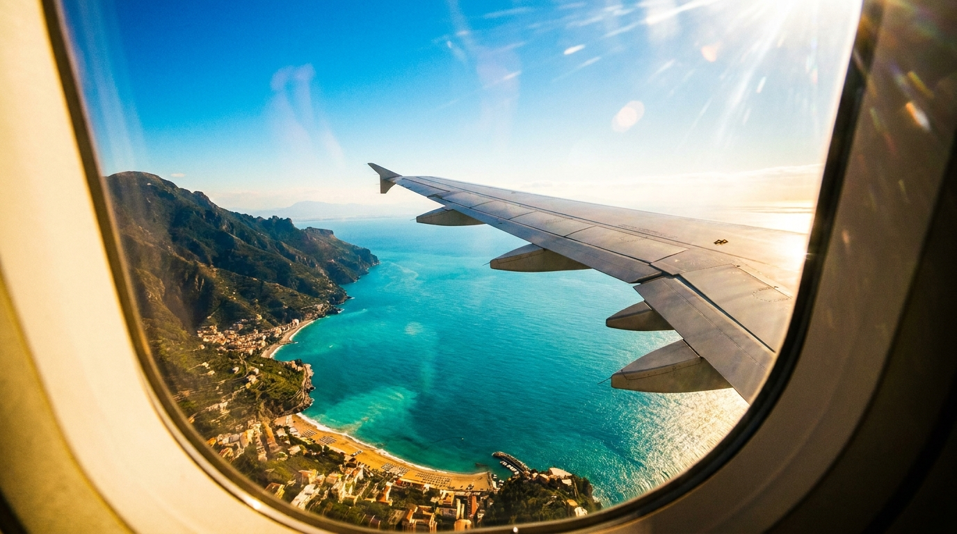 Vue depuis le hublot d’un avion survolant la côte méditerranéenne