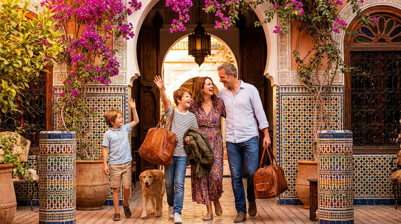 Famille arrivant au Maroc dans un riad coloré, ambiance de retour estival