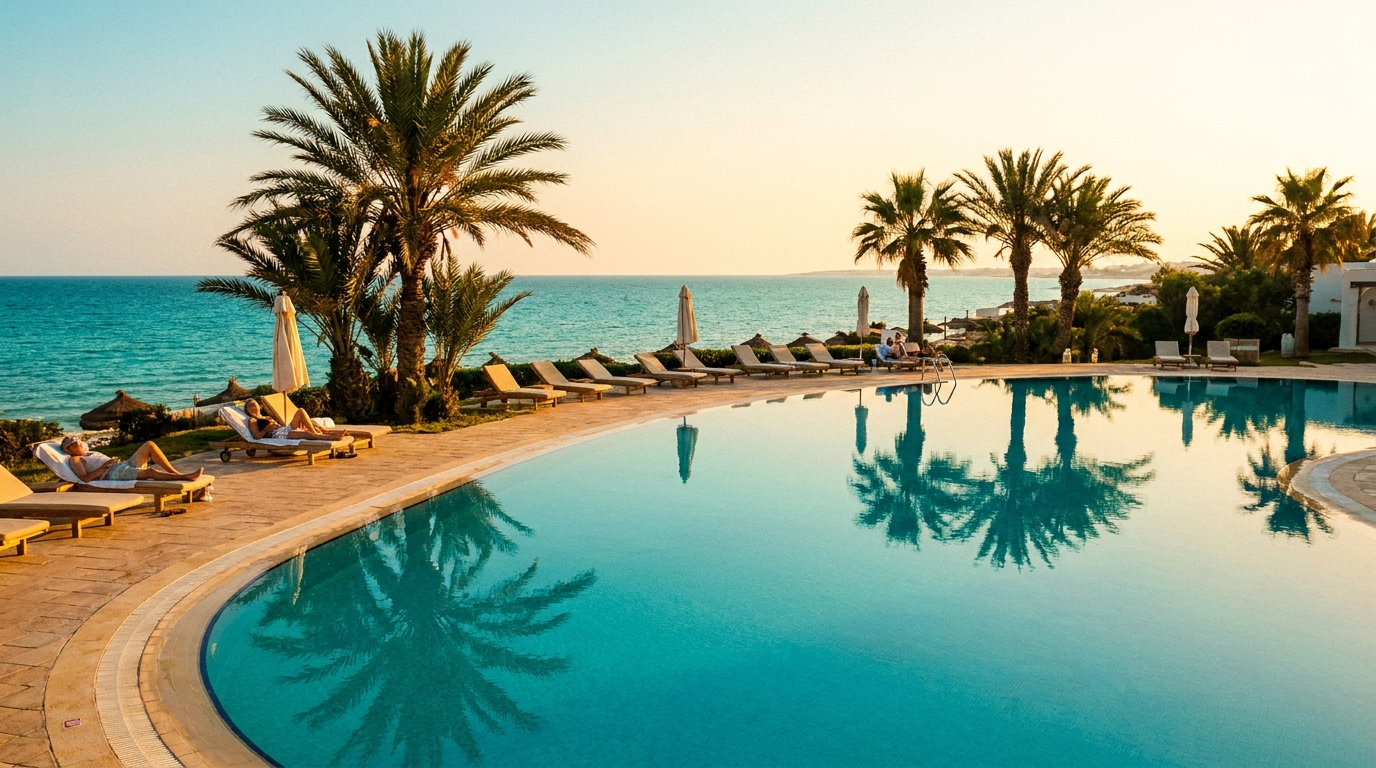 Resort balnéaire tunisien paisible au bord d’une mer turquoise