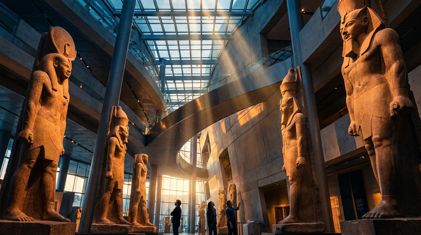 Grand hall du Grand Musée égyptien avec statues colossales de pharaons