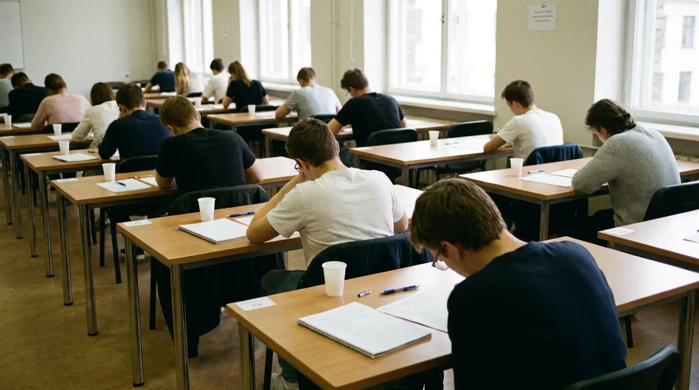 Salle d’examen avec des tables alignées, feuilles et stylos