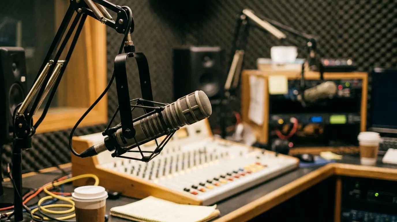 Studio de radio avec un micro de broadcast, ambiance journalisme