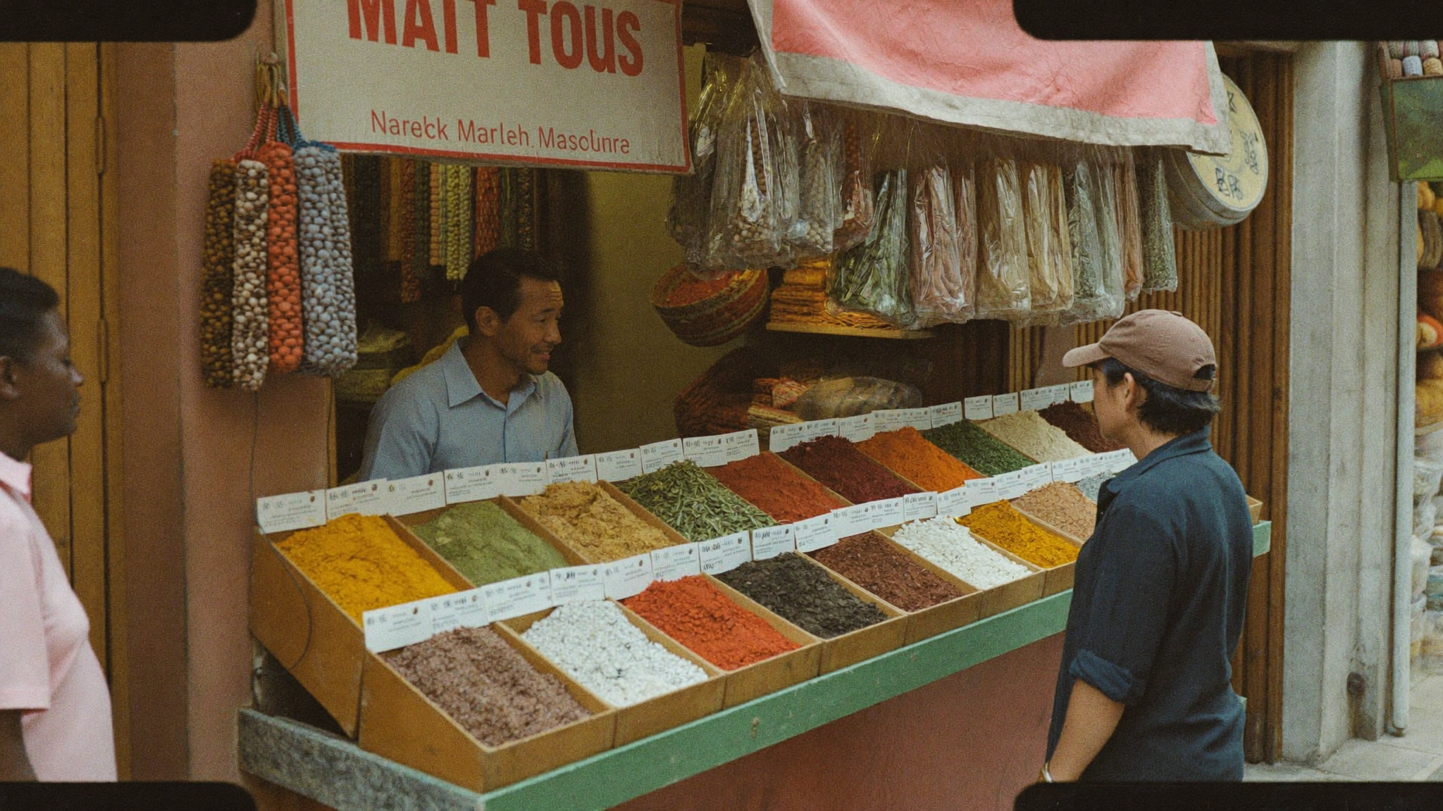 Étal d'épices colorées dans un souk de Marrakech