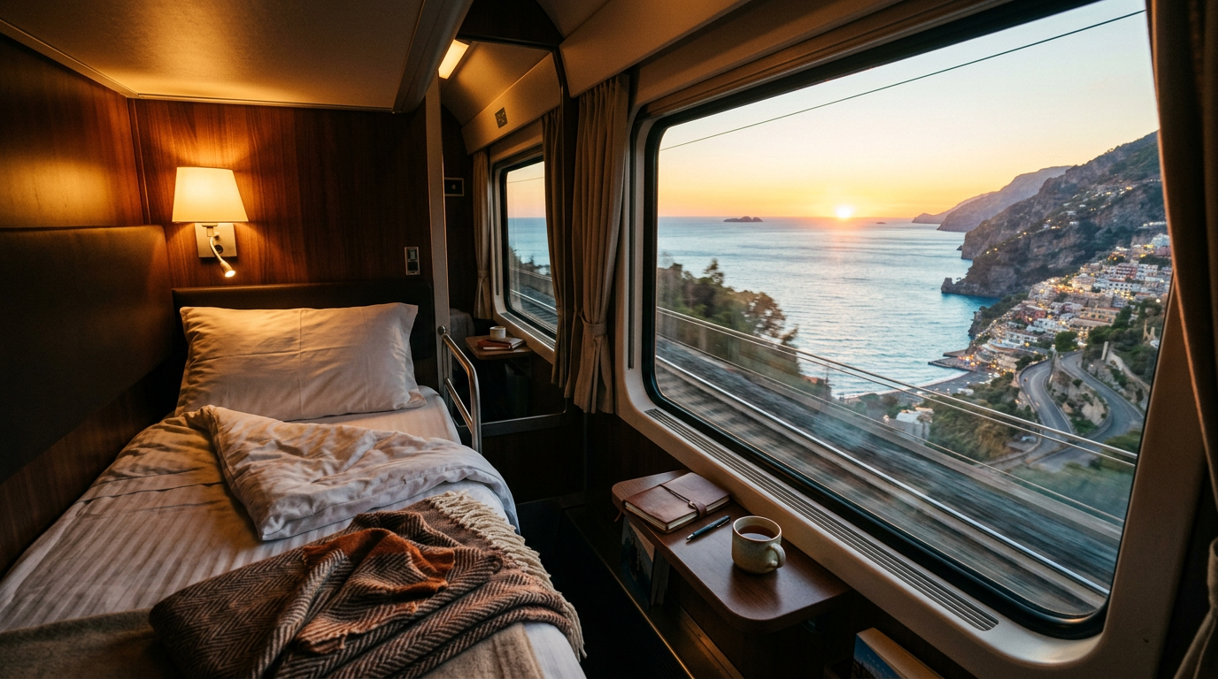 Intérieur cosy d’une cabine de train de nuit à l’aube face à la Méditerranée