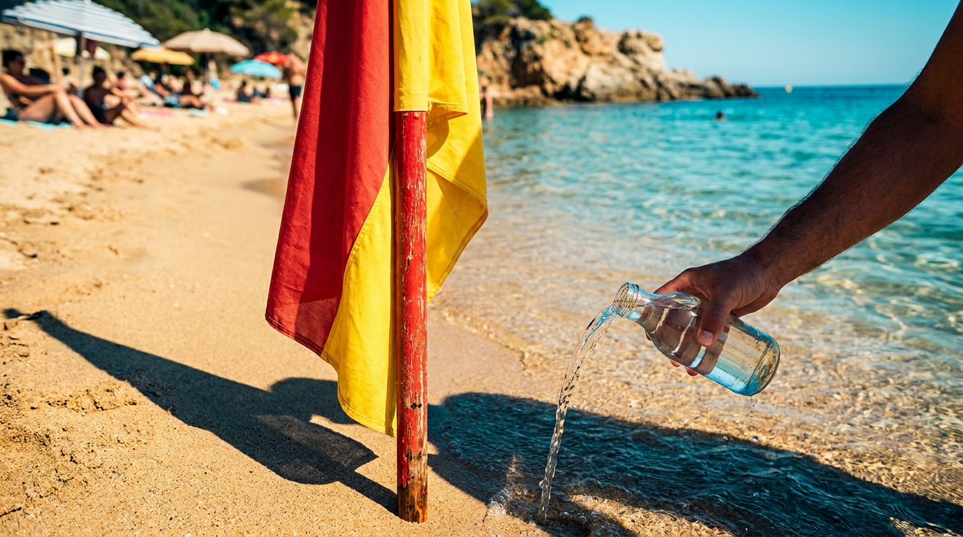 Drapeau d’information sur une plage méditerranéenne, eaux turquoise limpides