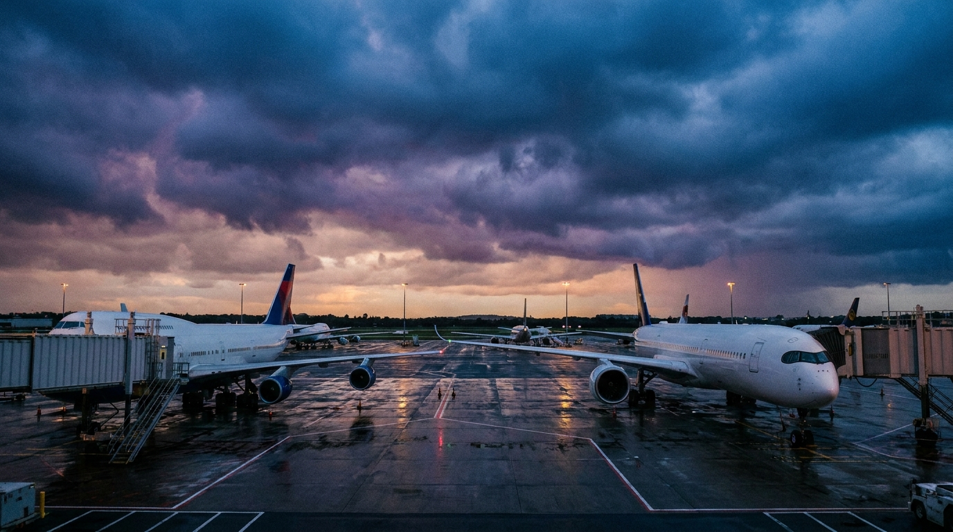 Avions immobilisés sur le tarmac sous un ciel menaçant, ambiance de retards
