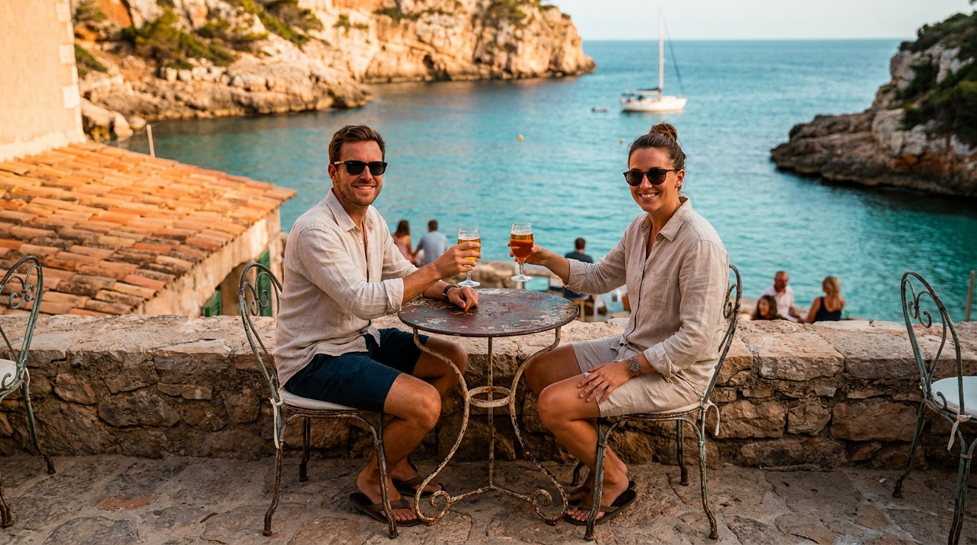 Couple sur une terrasse méditerranéenne en septembre, lumière dorée, peu de monde