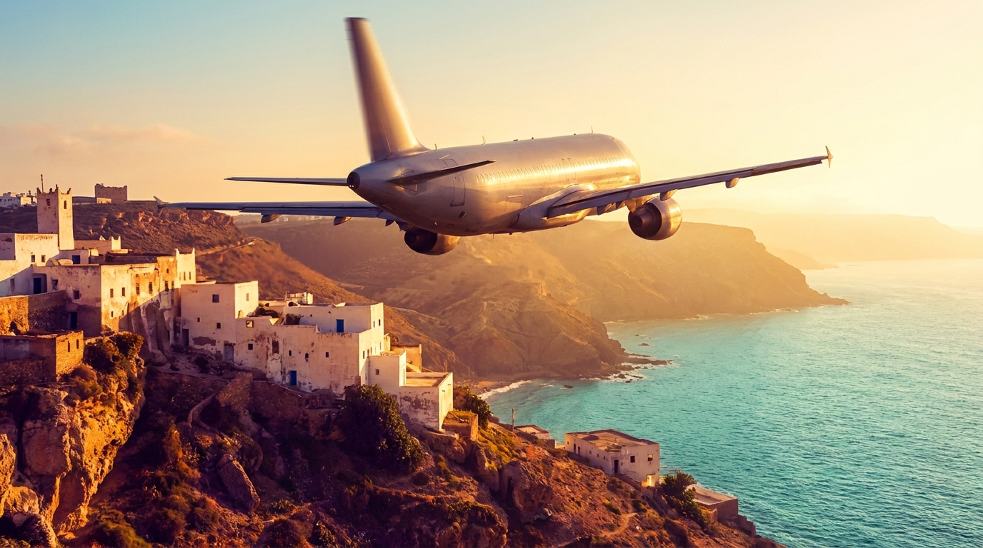 Avion descendant vers la côte nord-africaine au coucher du soleil