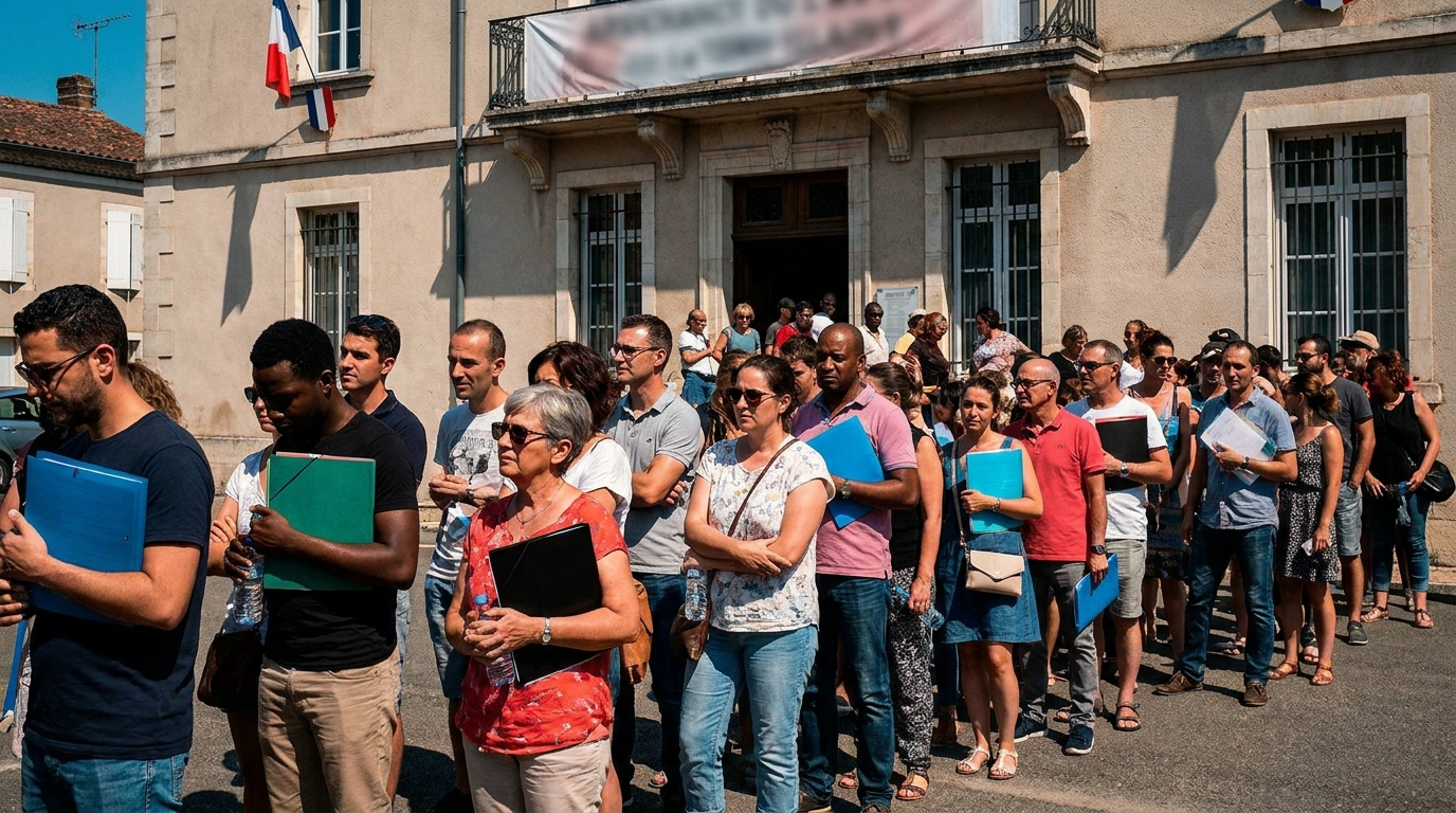 Longue file d’attente devant une mairie pour les demandes de titres d’identité