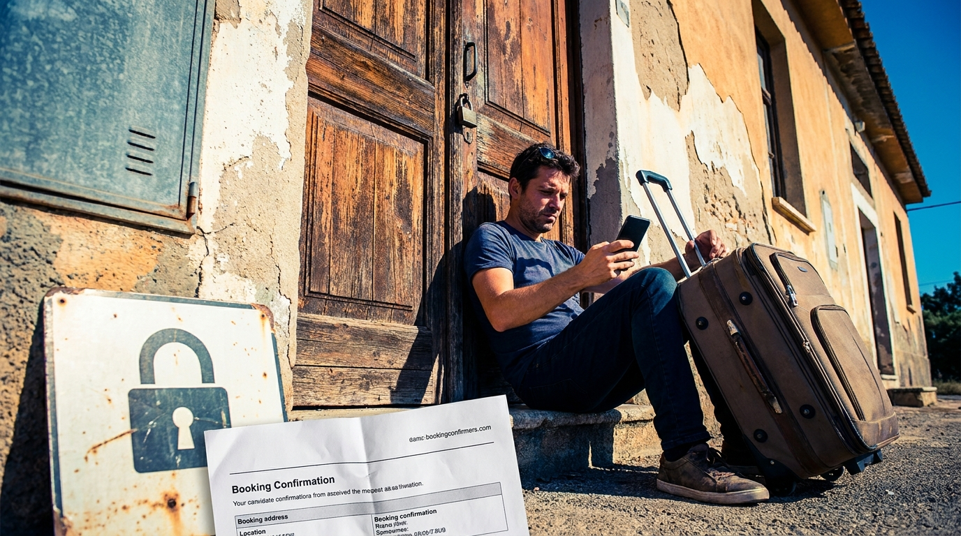 Voyageur déçu devant la porte close d’un logement de vacances qui ne correspond pas