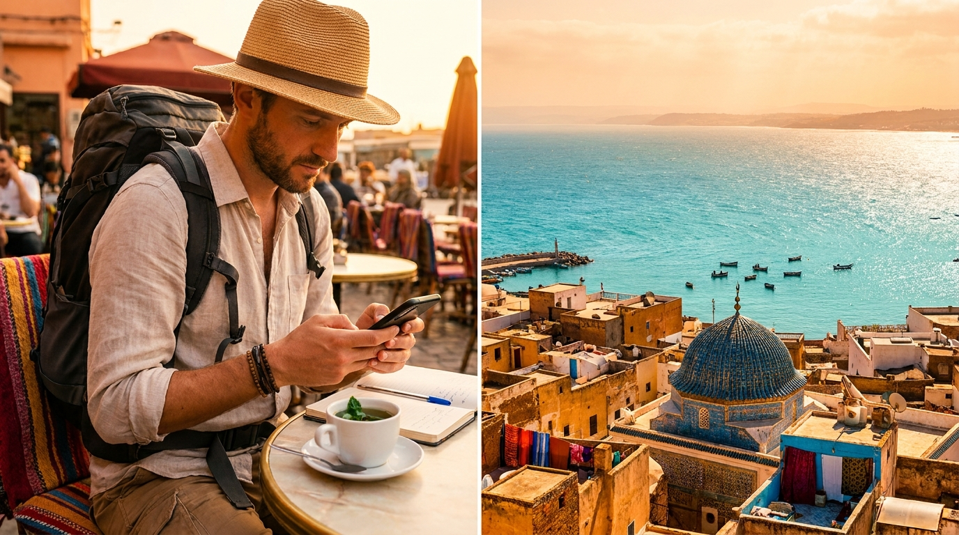 Voyageur sur une terrasse face à une médina, utilisant son smartphone