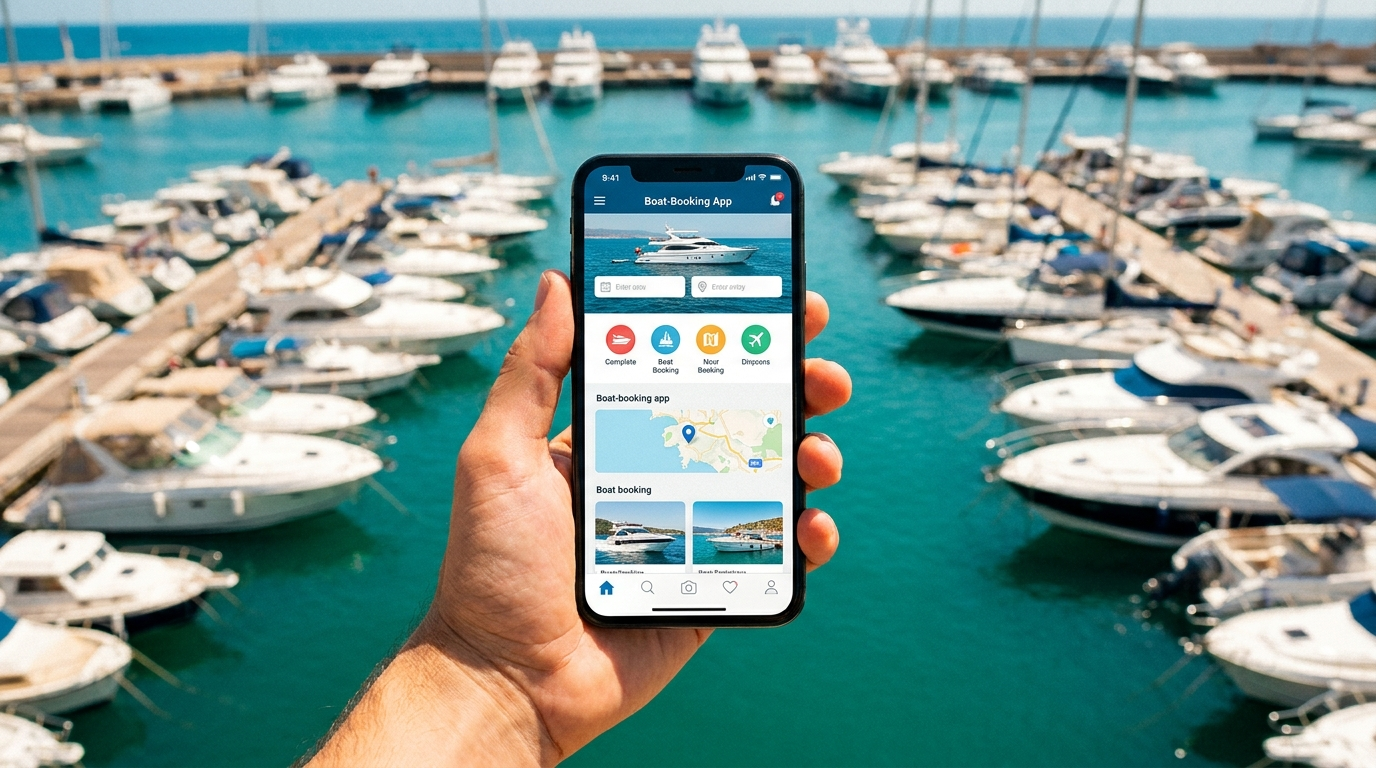Smartphone avec une application de location de bateaux devant une marina méditerranéenne