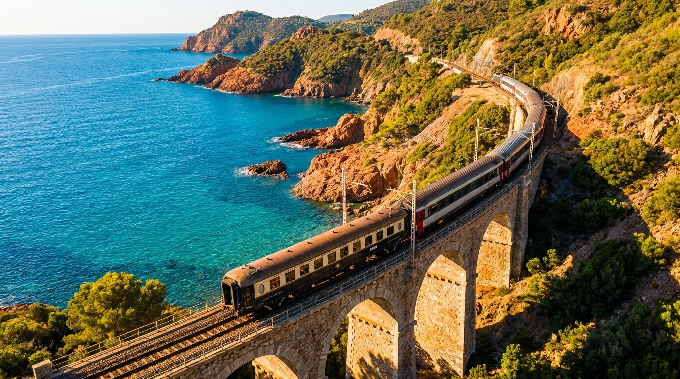 Train longeant un viaduc au-dessus de la côte méditerranéenne