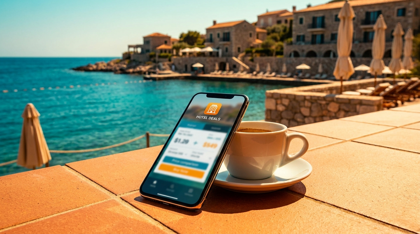 Smartphone comparant des prix d’hôtel sur une terrasse face à la mer méditerranéenne