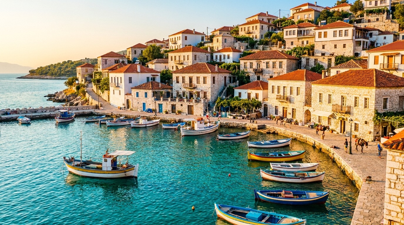 Village côtier albanais aux maisons de pierre au-dessus d’une baie turquoise
