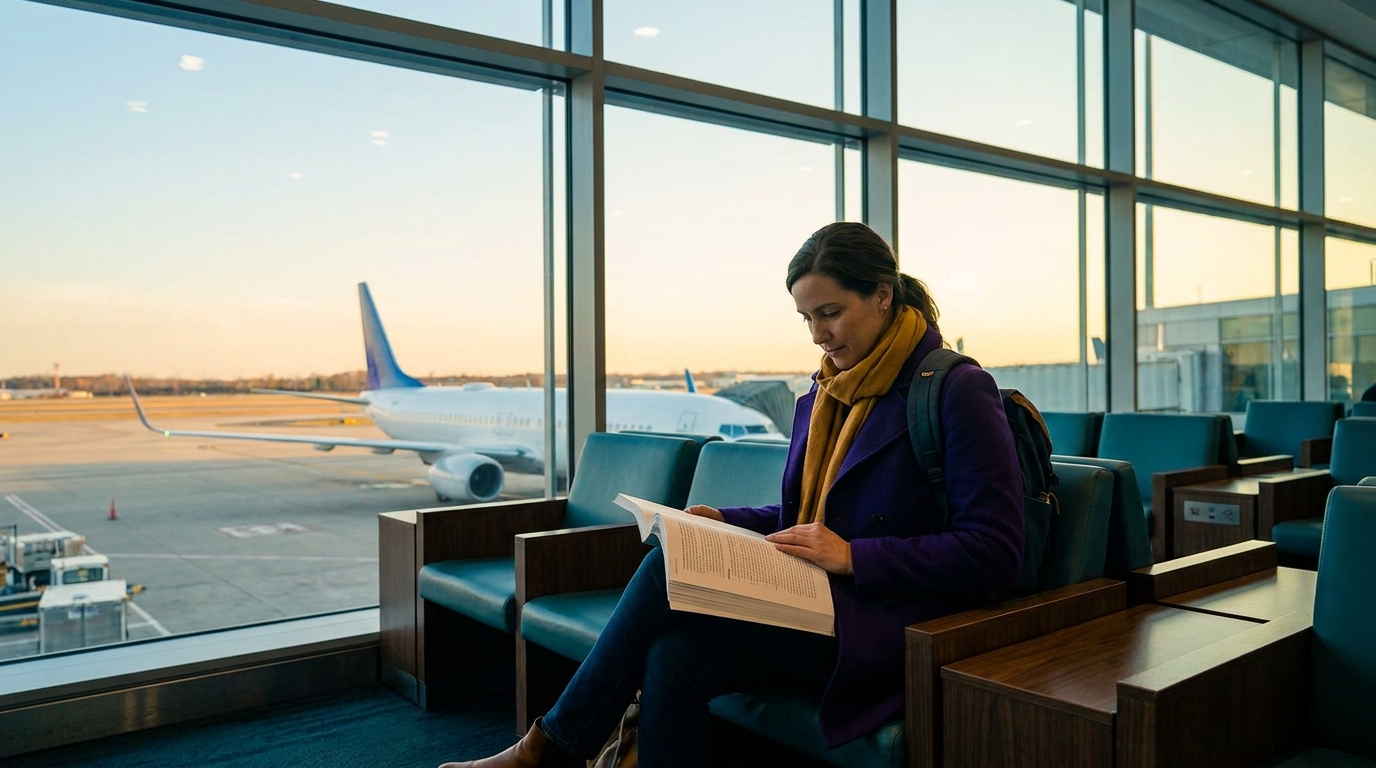 Voyageur assis à une porte d’embarquement, lisant un document