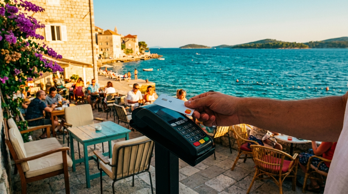 Paiement par carte sans contact sur une terrasse en bord de mer adriatique