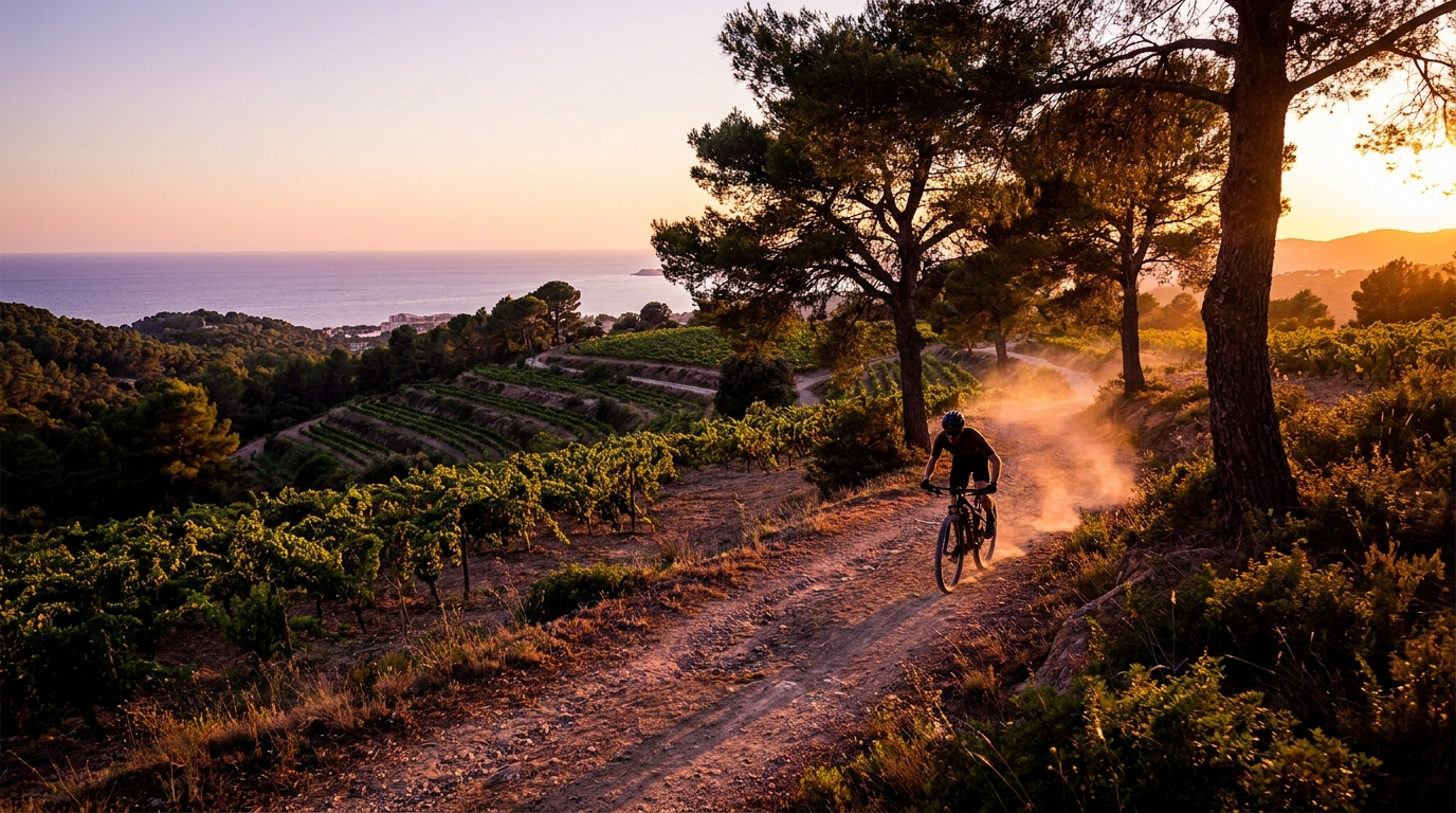 Cycliste sur un sentier méditerranéen parmi les vignes au coucher du soleil