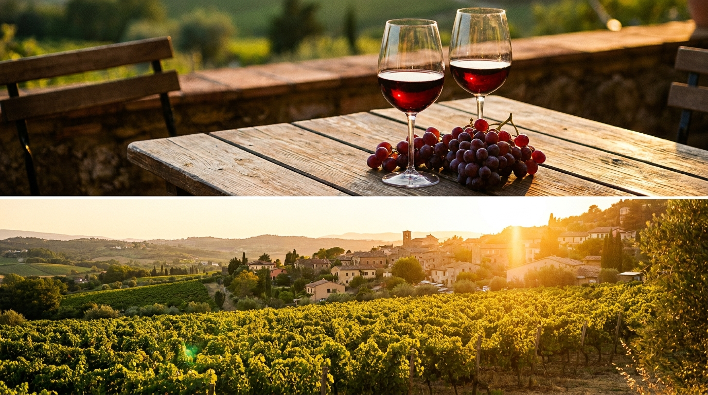 Verres de vin et grappe de raisin sur une terrasse face à un vignoble au coucher du soleil