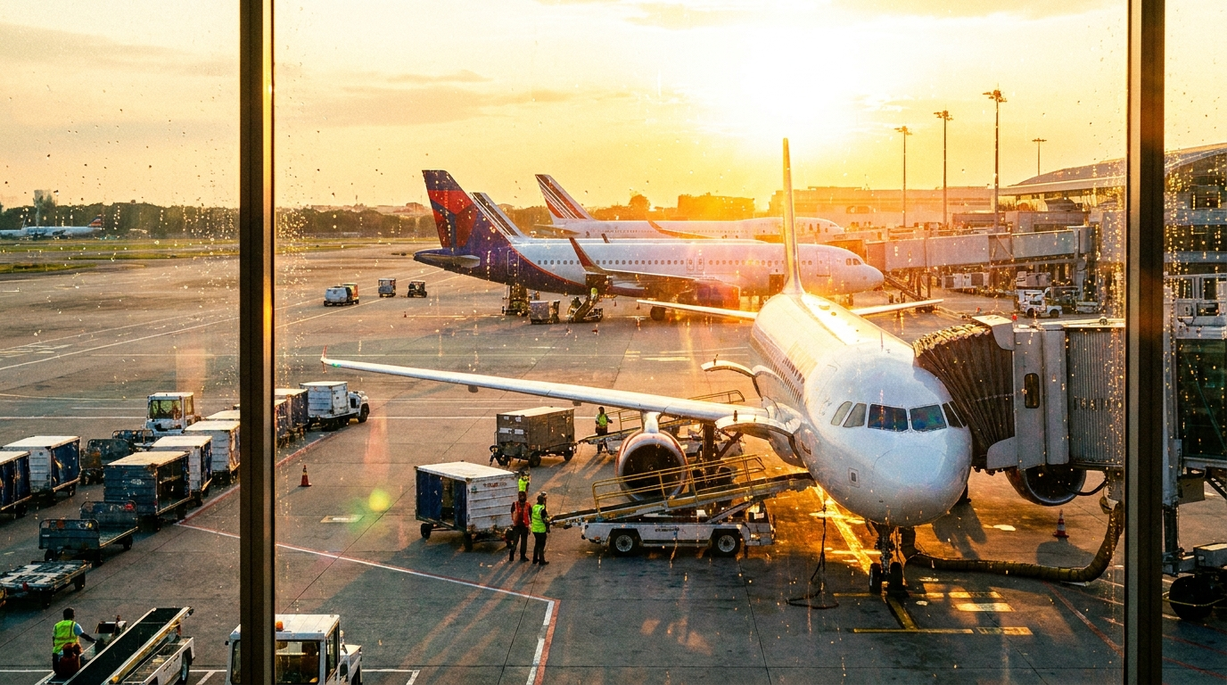 Avions alignés aux passerelles vus depuis un terminal, fort trafic estival