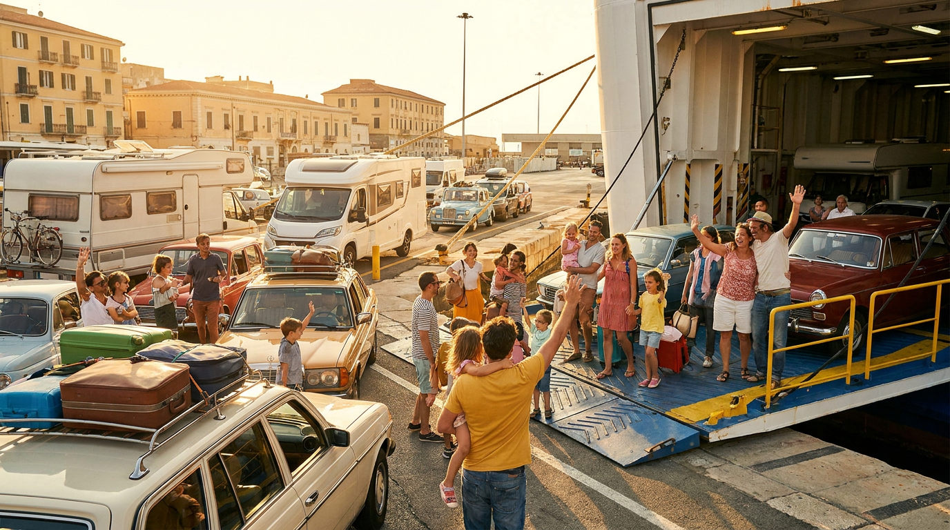 Familles avec bagages et voitures embarquant sur un ferry pour le retour estival