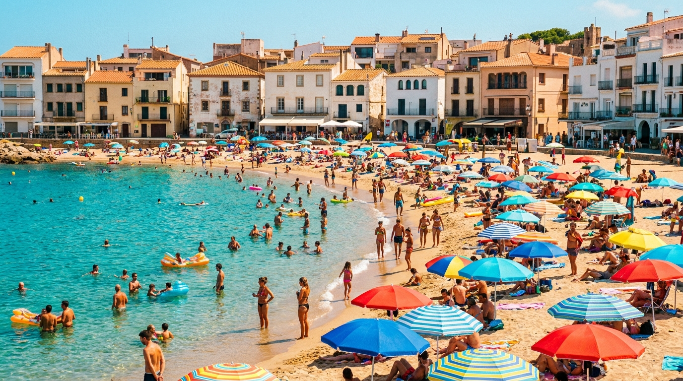 Plage méditerranéenne abordable, eaux turquoise et petite ville balnéaire