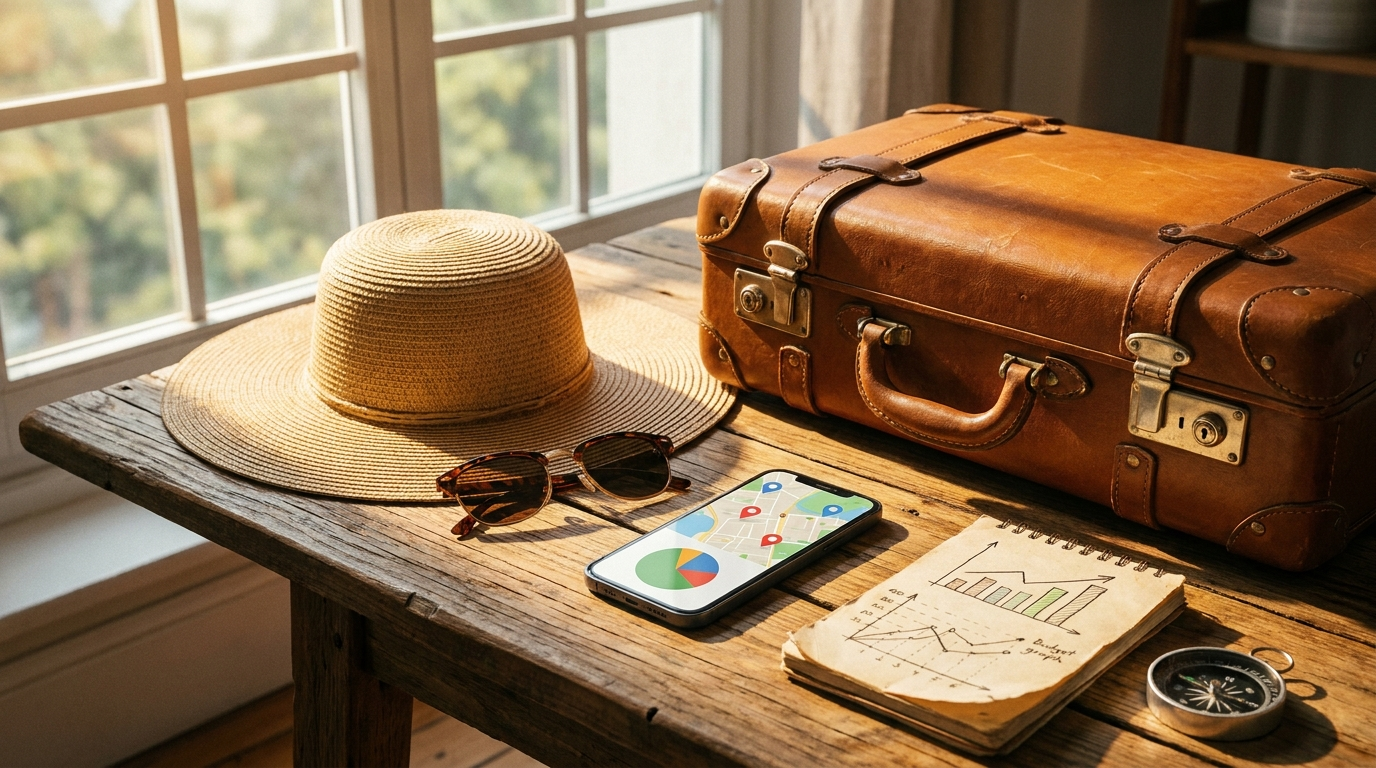 Valise, chapeau de paille, lunettes de soleil et smartphone posés sur une table ensoleillée, préparation des vacances