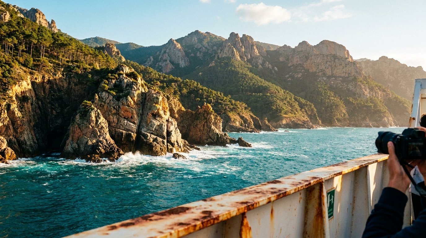 Côte sauvage et turquoise de la Corse vue depuis le pont d'un ferry, falaises et montagnes couvertes de pins
