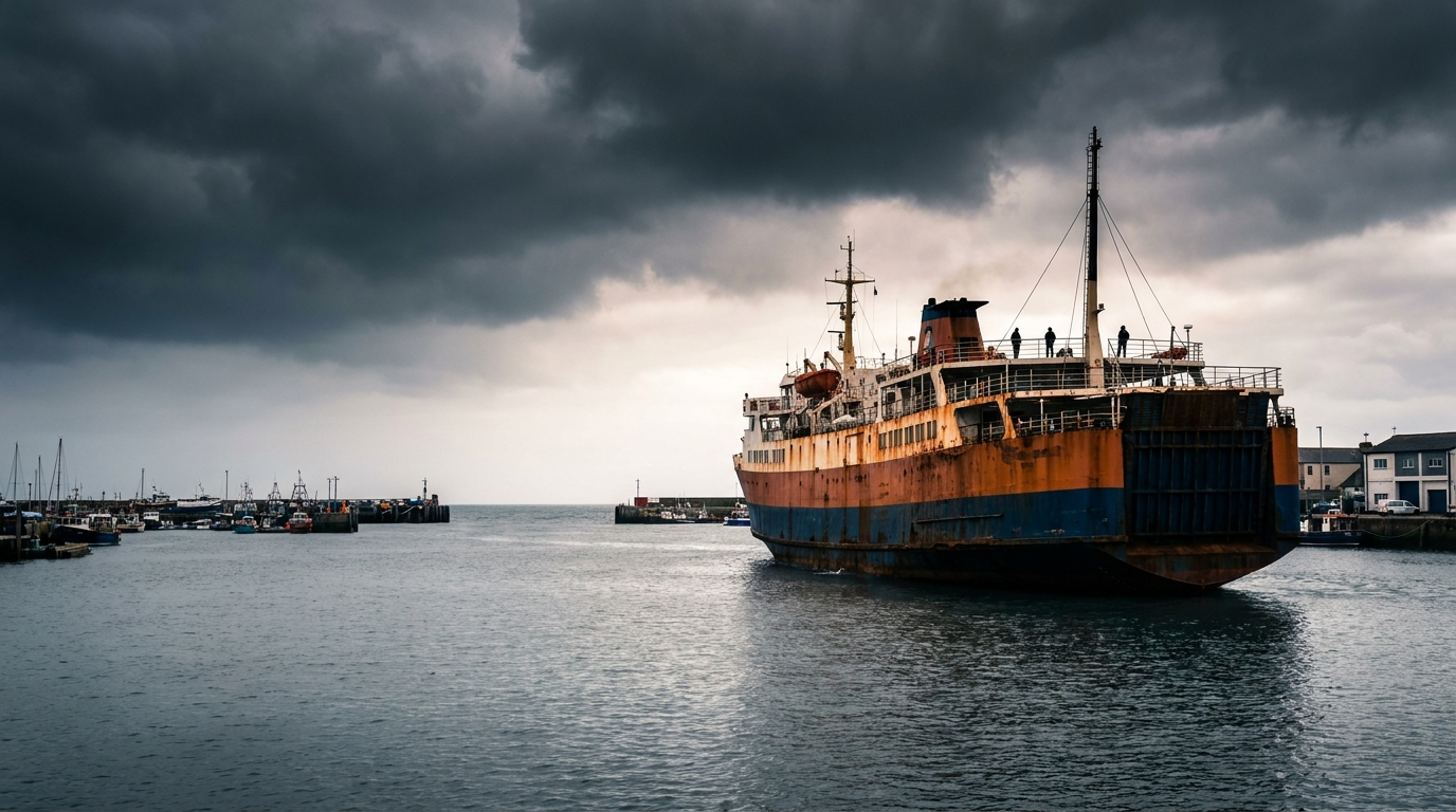 Ferry immobilisé au large d'un port bloqué sous un ciel gris, traversées perturbées
